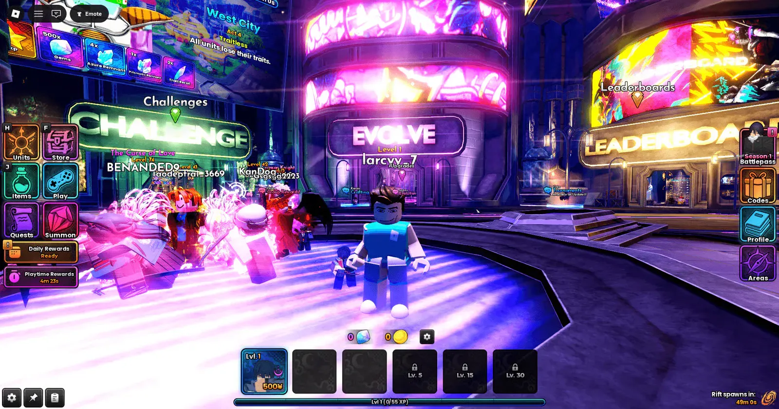 Anime Origins lobby with Challenges, Evolve, and Leaderboards areas